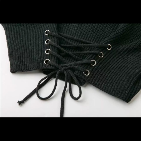 Lace Up Front Wide Neck Chunky Knit Sweater Top - Picture 5 of 6